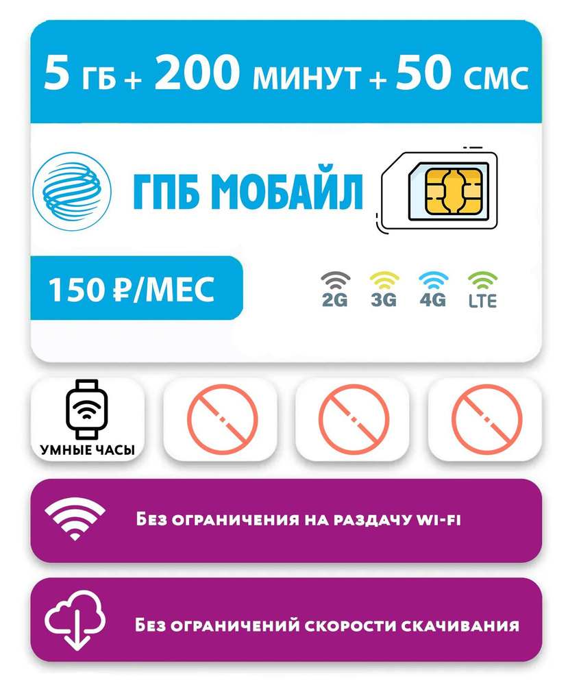 WHYFLY SIM-карта 5 гб интернета 3G/4G/LTE + 200 мин + 50 смс за 150 руб/месяц для умных часов (Москва, #1