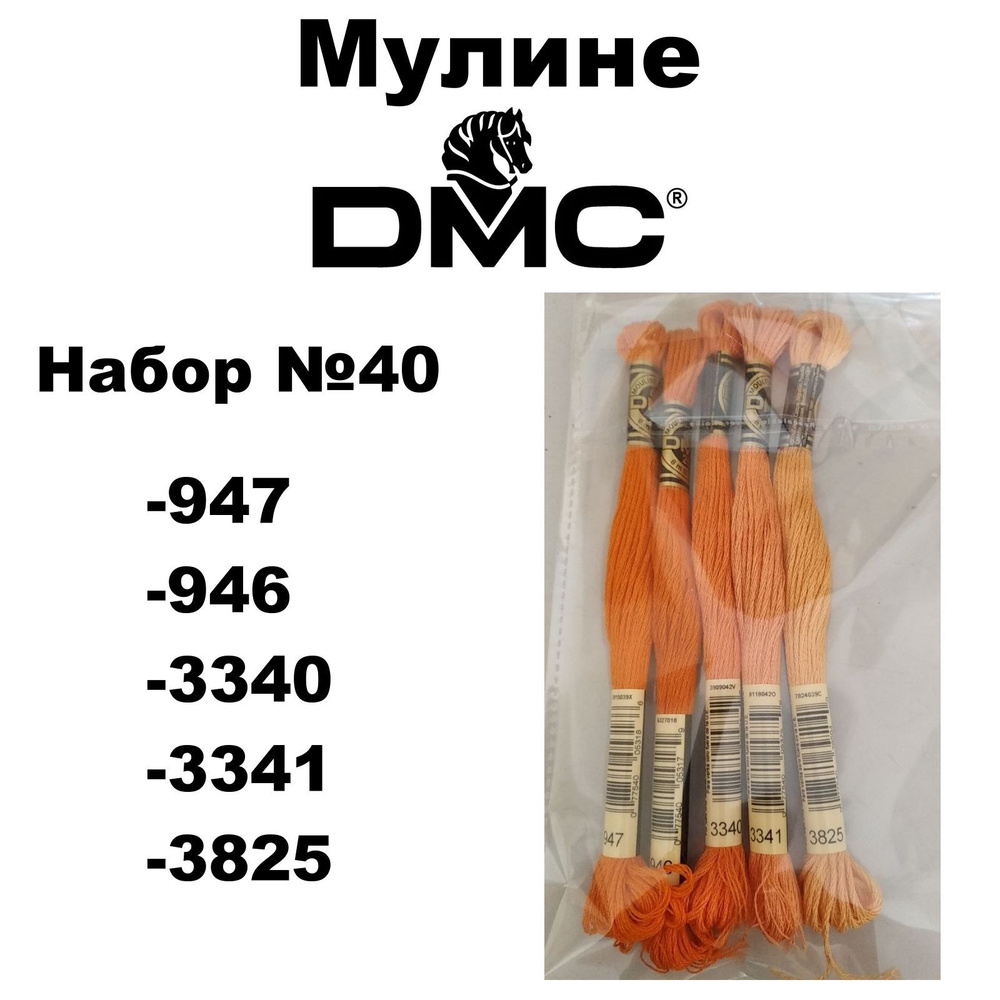 Нитки мулине DMC Embroidery для вышивания / Набор №40 / цвета 947, 946, 3340, 3341, 3825  #1