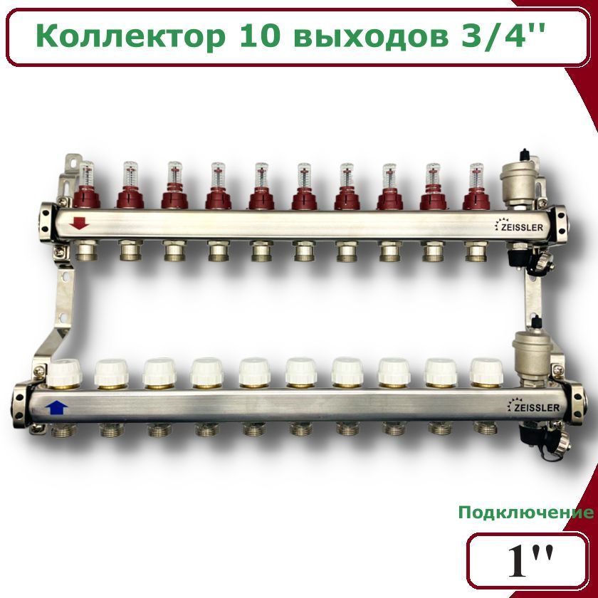 Коллектор для водяного теплого пола с расходомерами ZEISSLER, 10 контуров  #1