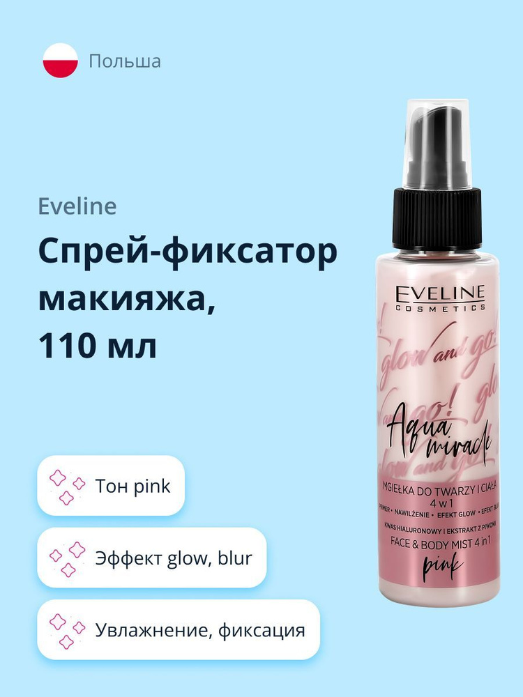 EVELINE Спрей-фиксатор макияжа GLOW AND GO AQUA MIRACLE 4 в 1 pink (увлажнение, фиксация макияжа, эффект #1