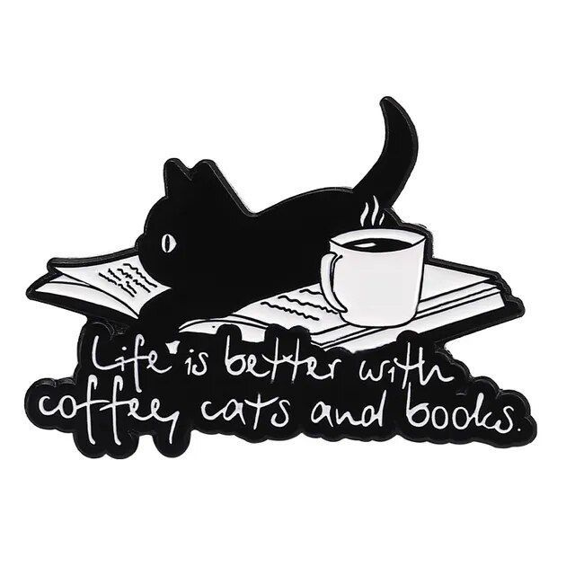 Значок брошь металлический "Жизнь это кофе, книги и кот"  #1