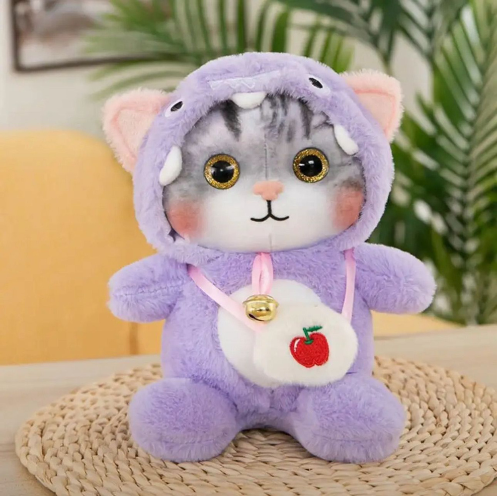 Мягкая игрушка Котенок в фиолетовой пижаме кигуруми с капюшоном 24см / Кот в капюшоне  #1