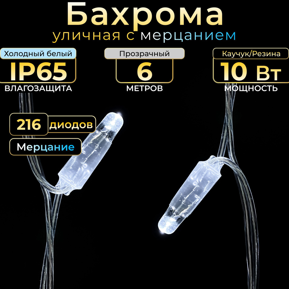 Гирлянда Бахрома с мерцанием 6 м, Прозрачный провод, IP65, Холодный белый, 220в. Код 010110  #1