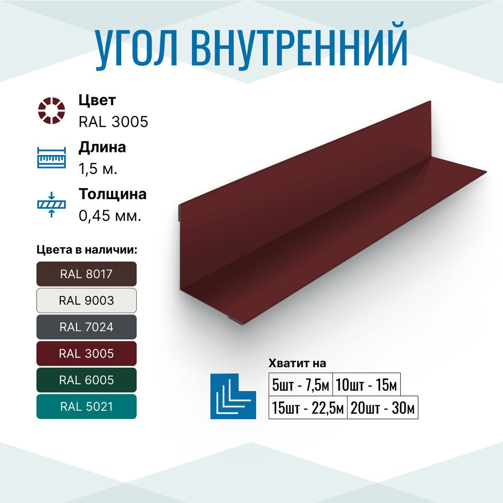 Уголок металлический внутренний 50х50, длина 1.5м, RAL 3005, 10 шт. в упаковке  #1