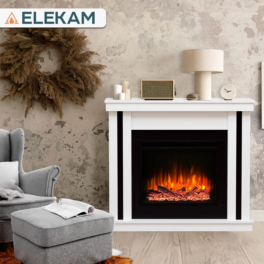 Камин электрический ELEKAM NEO белый с обогревом, пультом управления и потрескиванием дров (Электрокамин) #1