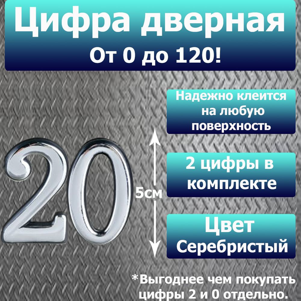 Цифра на дверь квартиры самоклеящаяся №20 с липким слоем Серебро, номер дверной Хром, Все цифры от 0 #1