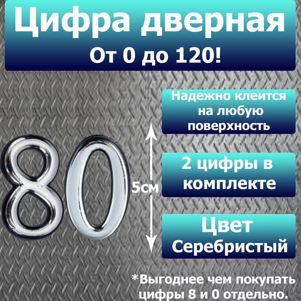 Цифра на дверь квартиры самоклеящаяся №80 с липким слоем Серебро, номер дверной Хром, Все цифры от 0 #1