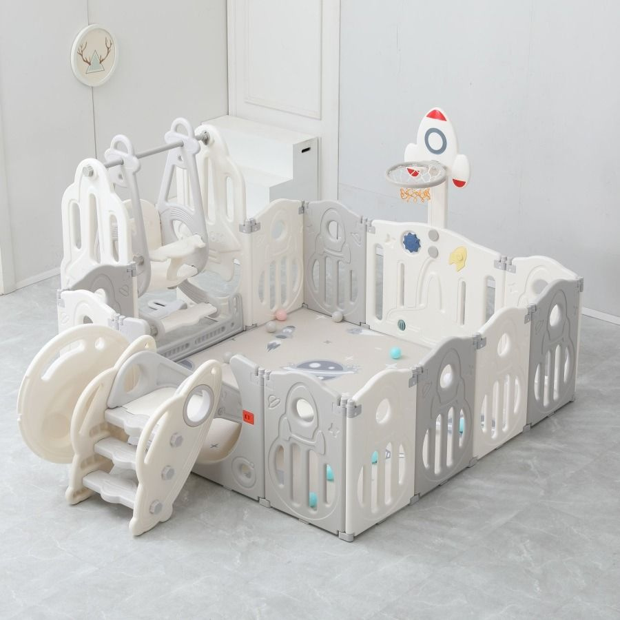 Манеж детский игровой с качелями UNIX Kids SUPREME Space 200x240 Grey для дома пластиковый / горка, баскетбольное #1