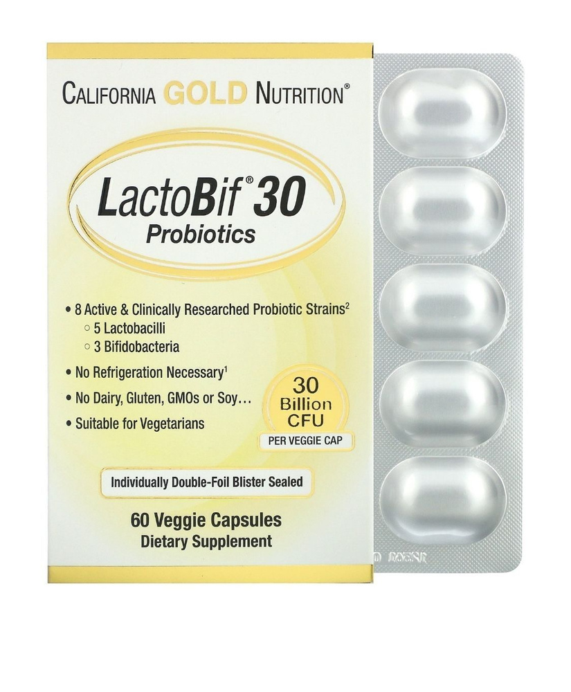 LactoBif Probiotics 30 (Лактобиф пробиотик), 30 млрд КОЕ, 60 вегетарианских капсул, California Gold Nutrition #1