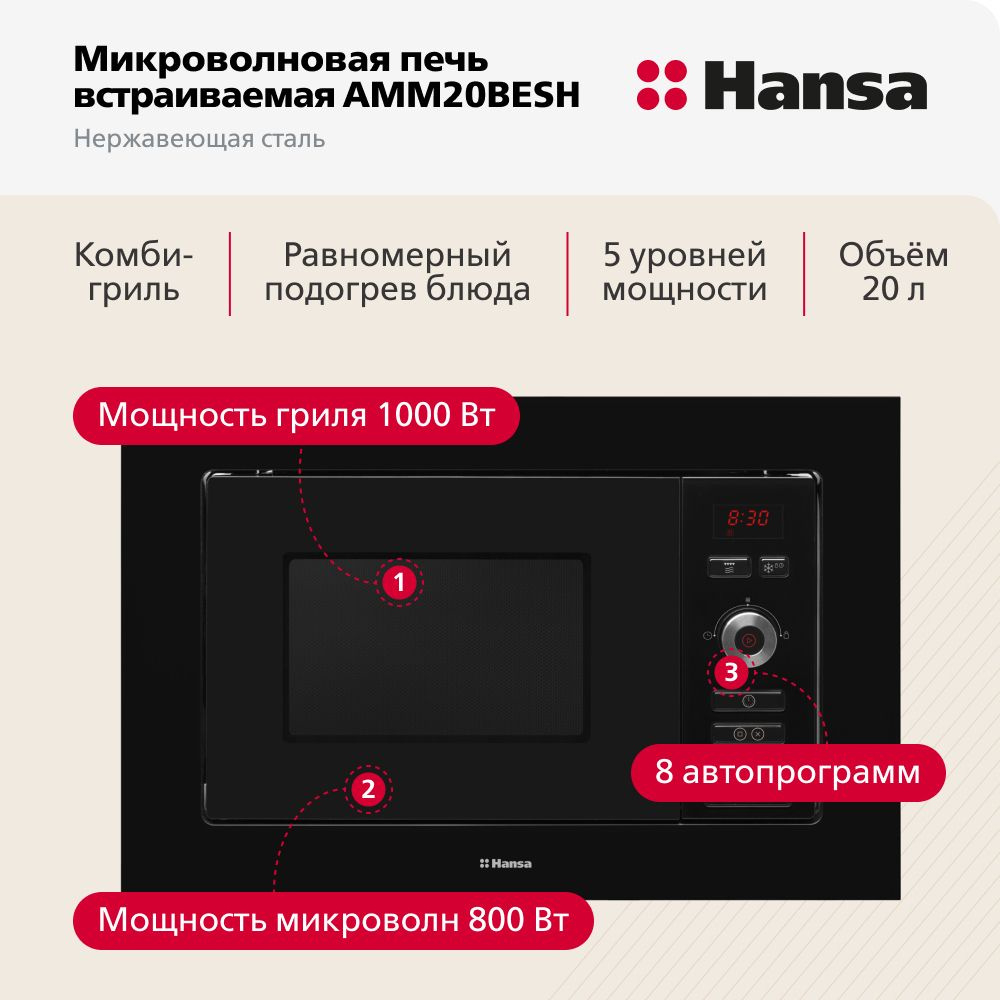 Встраиваемая микроволновая печь Hansa AMM20BESH, 800 Вт, гриль с мощностью 1000 Вт, внутренняя камера #1