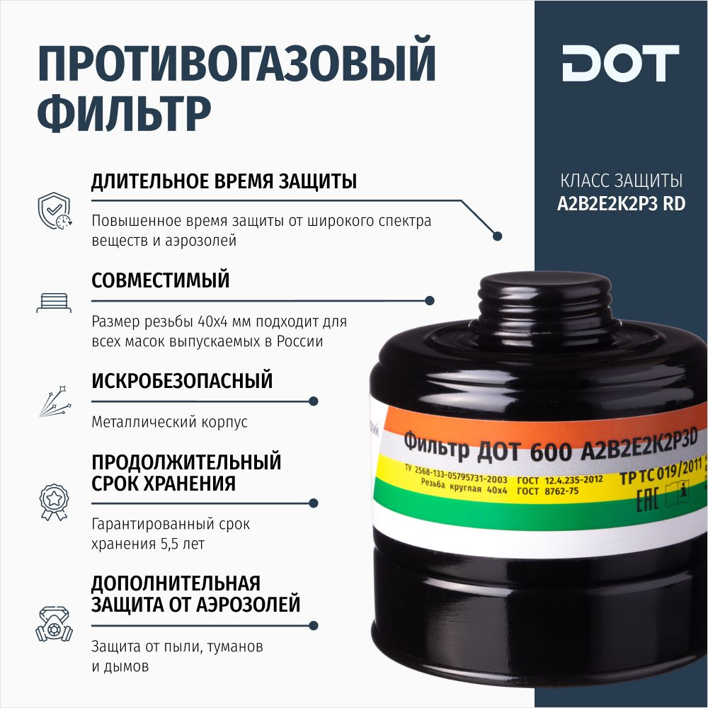 Фильтр противогазовый ДОТ 600 А2В2Е2К2Р3 R D для маски МАГ/ППМ от органических, неорганических, кислых #1