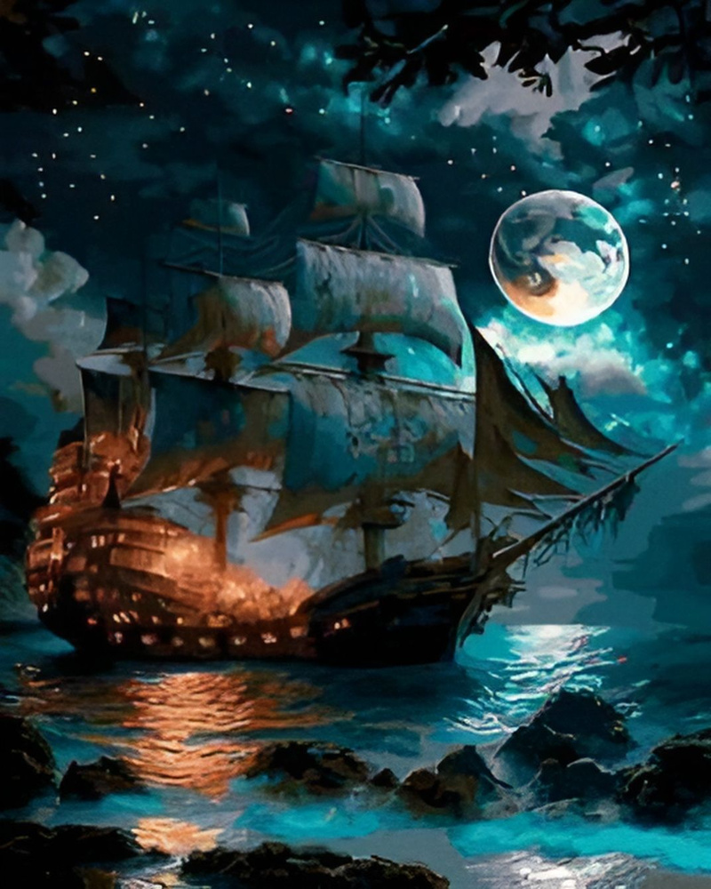 Картина по номерам на холсте 40*50 см "Пиратский корабль при луне"  #1