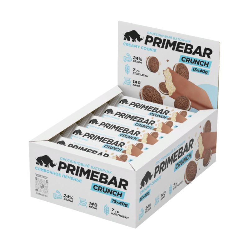 Протеиновые батончики 15 шт по 40 гр, PrimeKraft PrimeBar Crunch, печенье-крем  #1