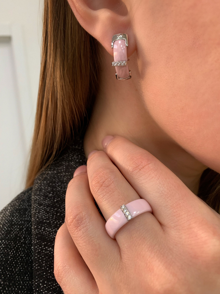 Baryshnikov Комплект бижутерии кольцо с серьгами розовый керамика 19  #1