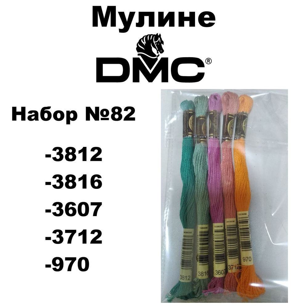 Нитки мулине DMC Embroidery для вышивания / Набор №82 / цвета 3812, 3816, 3607, 3712, 970  #1