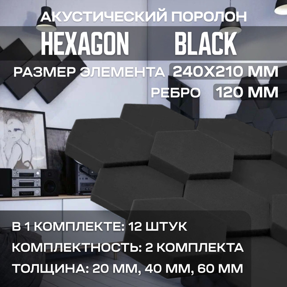 Акустический поролон Hexagon Black 24 штуки, темный графит #1