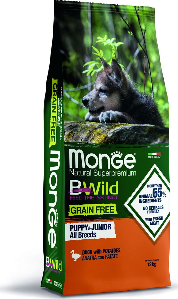 Сухой корм Monge Dog BWild GRAIN FREE Puppy & Junior для щенков, беззерновой, из мяса утки с картофелем #1