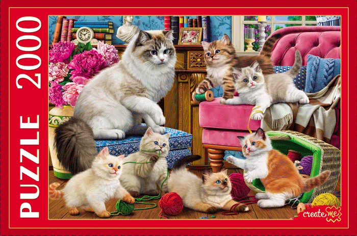 Пазл Рыжий кот "Кошка с пушистыми котятами" 2000 элементов. Подарок другу, девушке, ребенку на день рождения #1