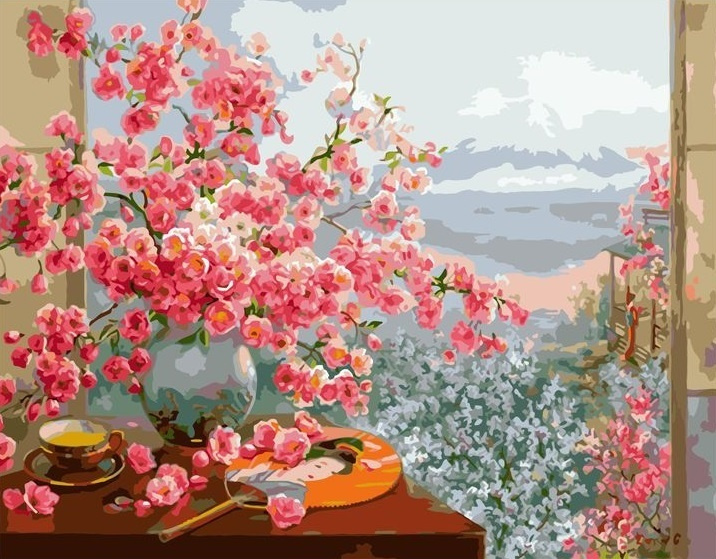 Картина по номерам на холсте 40х50 40 x 50 на подрамнике "Ветки цветущей сакуры в вазе" DVEKARTINKI  #1