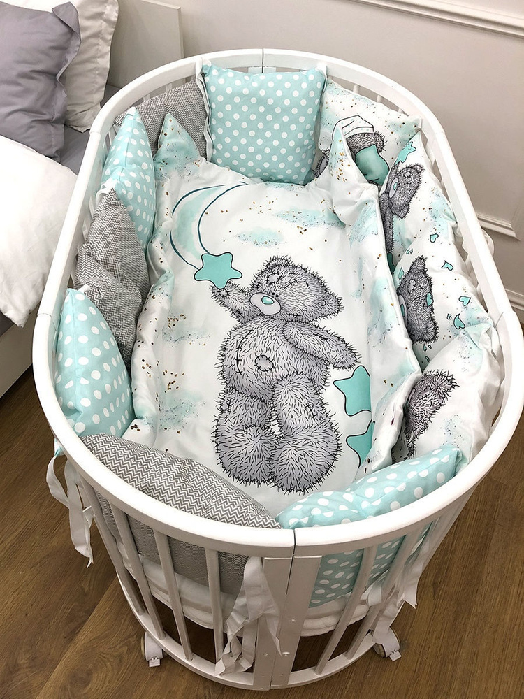 Комплект бортиков в детскую кроватку для новорожденных и малышей с постельным бельем "Мишка" Мятный  #1