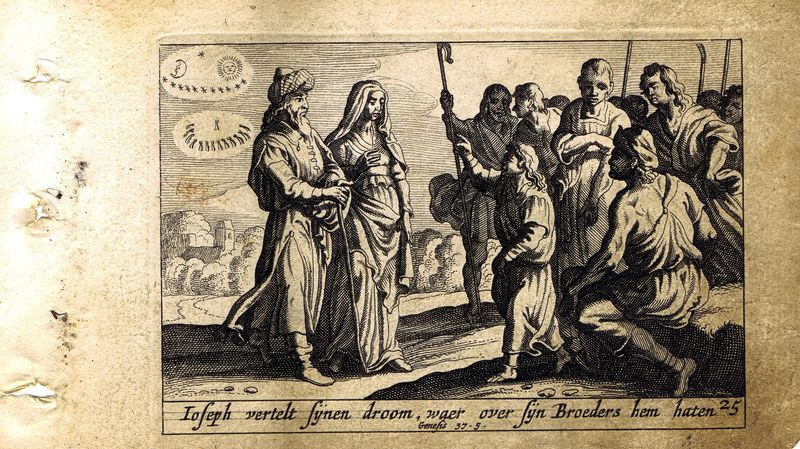 Антикварная резцовая гравюра, офорт. Ветхий Завет. Сны Иосифа. Нидерланды, 1659 год  #1