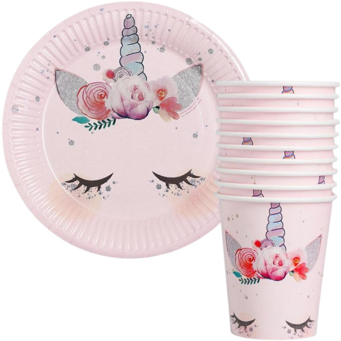 Одноразовая посуда для праздника на 10 персон "Единорог", розовая, 20 предметов (10 тарелок 18 см, 10 #1