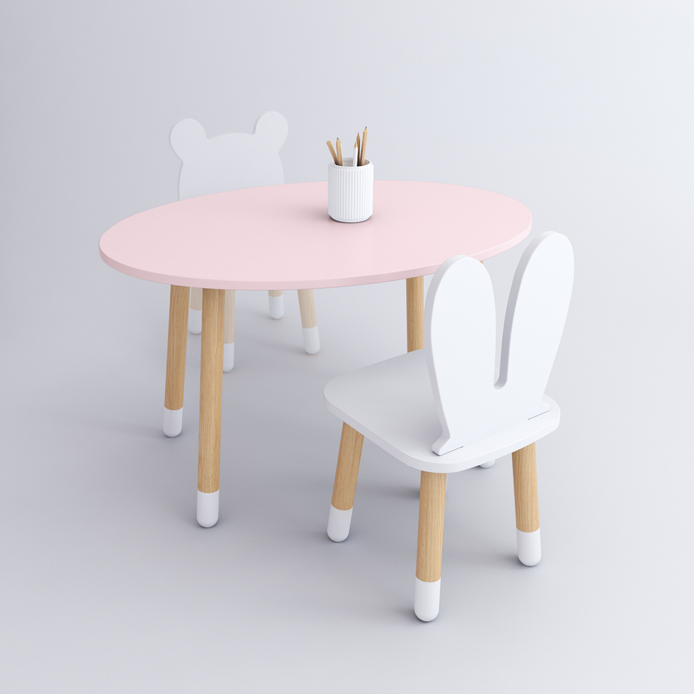 Комплект детской мебели DIMDOMkids, стол "Овал" розовый + стул "Зайка" белый  #1