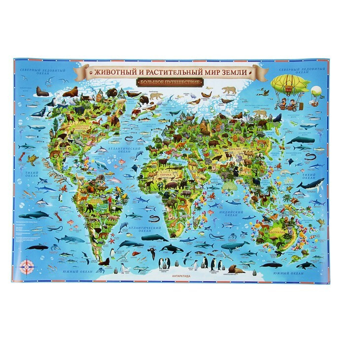 Географическая карта Мира для детей Животный и растительный мир Земли , 60 х 40 см, без ламинации  #1
