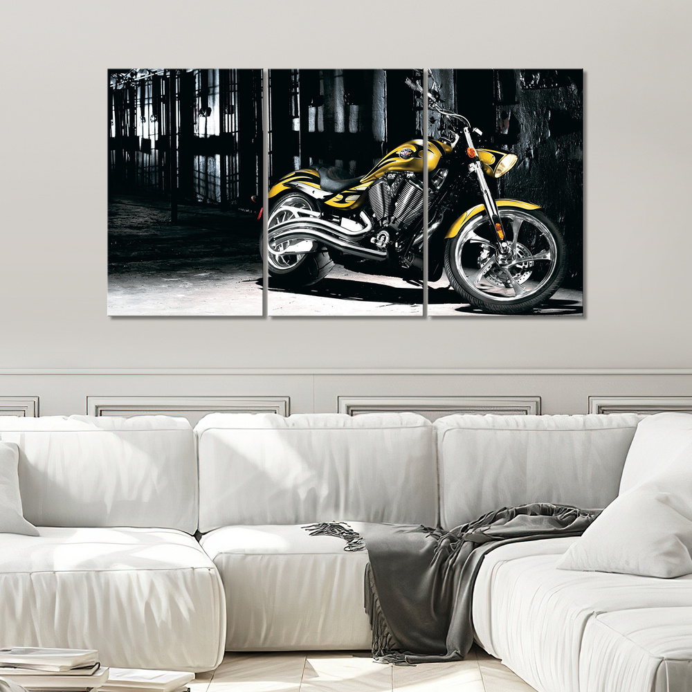Модульная картина для интерьера на стену Мотоцикл, желтый байк в городе 90х50  #1