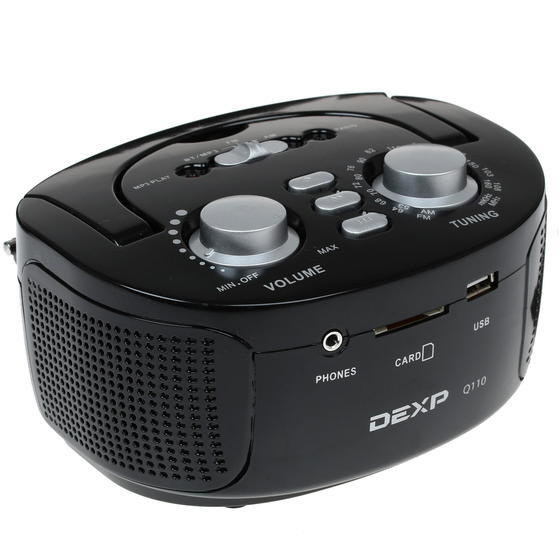 Магнитола стерео компактная DEXP Q110 черный, 6 Вт, FM/AM, MP3/USB/SD/Bluetooth, ручка, от сети/аккумулятора/батарей #1