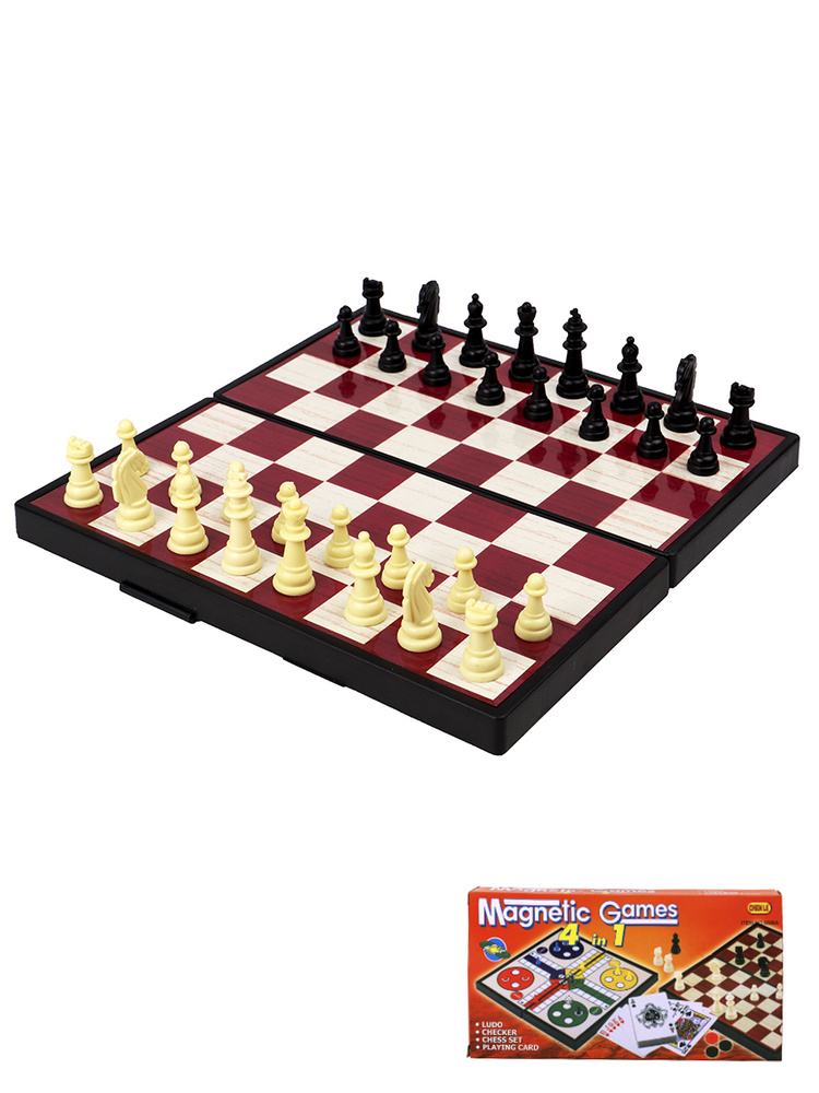 Набор настольных игр Рыжий кот 4 в 1 Шахматы, шашки, лудо, игральные карты" (фигуры пластик)  #1