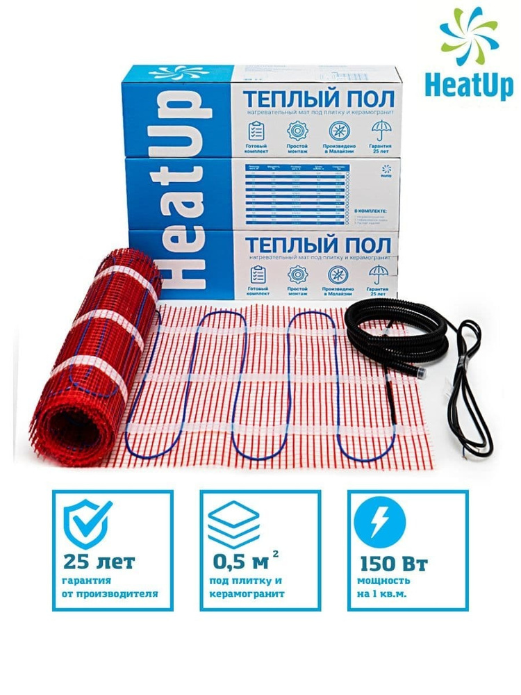 Теплый пол HeatUp 0.5 м2/ Нагревательный мат электрический, теплый пол под плитку  #1