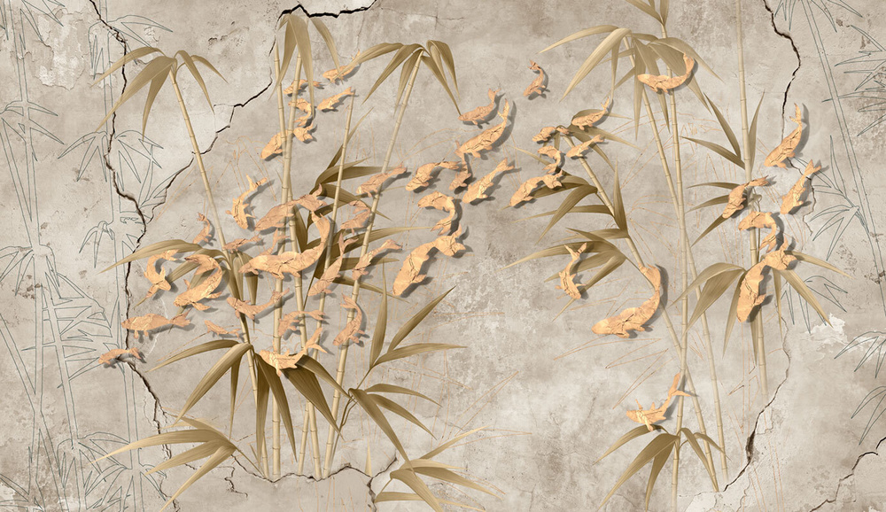 Фотообои флизелиновые на стену 3д GrandPik 17149 "Золотые рыбки в бамбуке", (ШхВ) 450х260 см  #1