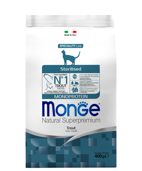 MONGE SUPERPREMIUM 400гр Monoprotein Sterilised Trout / Сухой корм Монже с форелью для стерилизованных #1