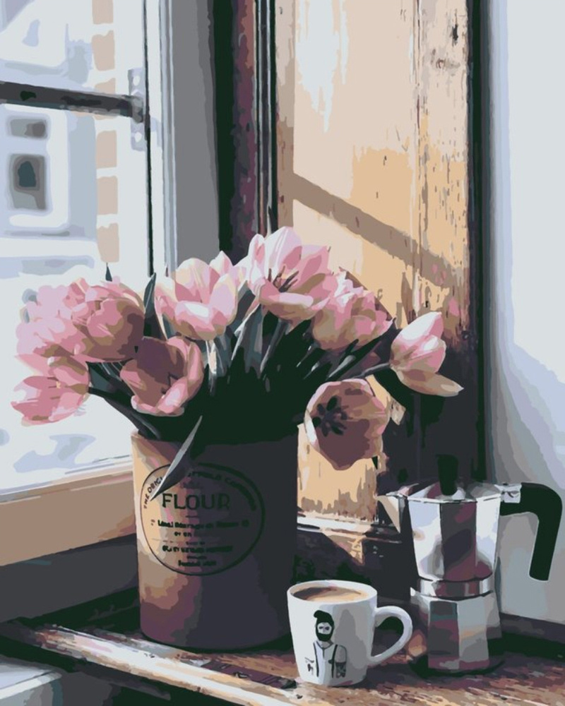 Картина по номерам на холсте Hobruk "Кофе и тюльпаны" / Рисование по номерам / Картина для рисования #1