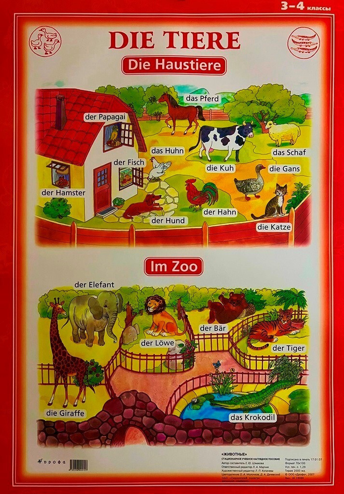 Немецкий язык Животные 3-4 класс Односторонний плакат (65 см х 90 см)  #1