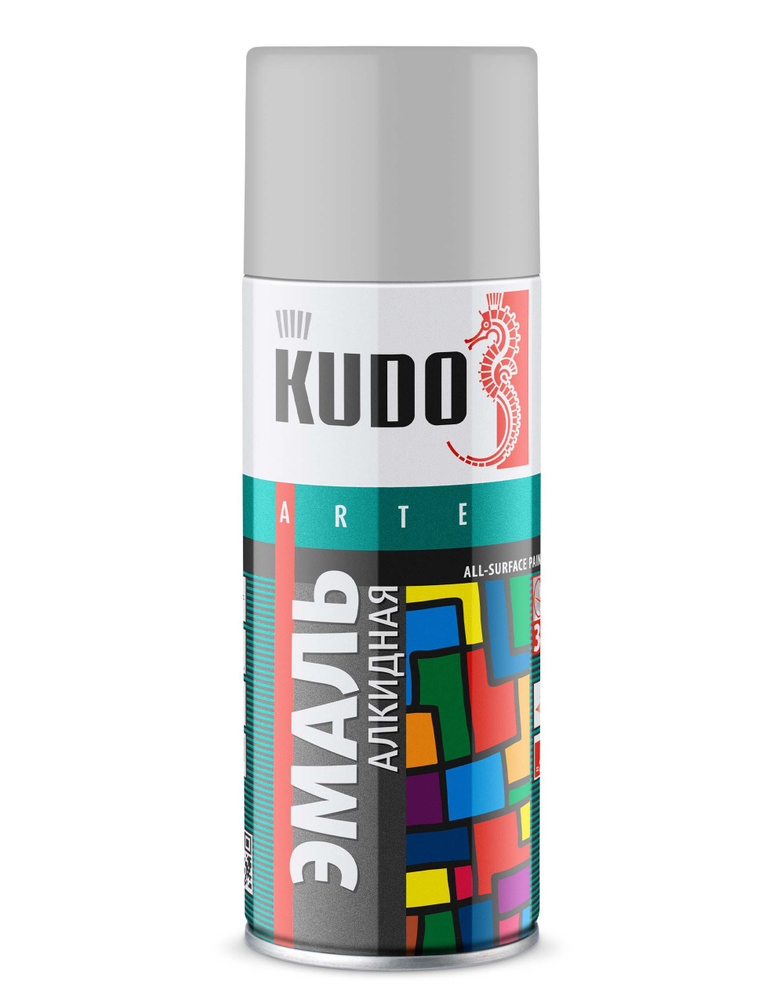 Аэрозольная краска в баллончике KUDO, алкидная, быстросохнущая, глянцевое покрытие, светло-серый RAL #1