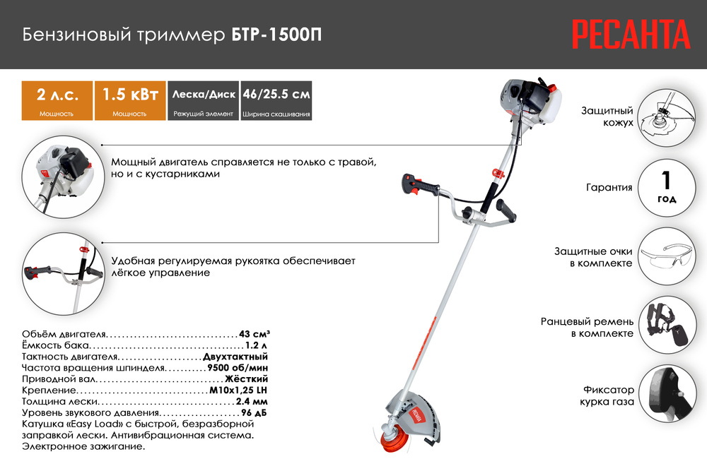 Бензиновый триммер Ресанта БТР-1500П (неразборная штанга)  #1