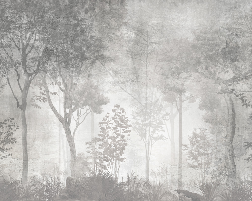 Фотообои флизелиновые на стену 3д GrandPik 26027 Лофт "Лес, деревья в тумане, винтаж, серые", 250х200 #1