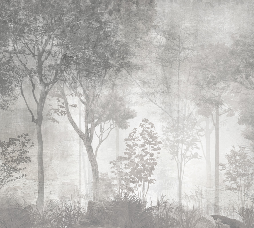 Фотообои флизелиновые на стену 3д GrandPik 26027 Лофт "Лес, деревья в тумане, винтаж, серые" (ШхВ), 300х270 #1