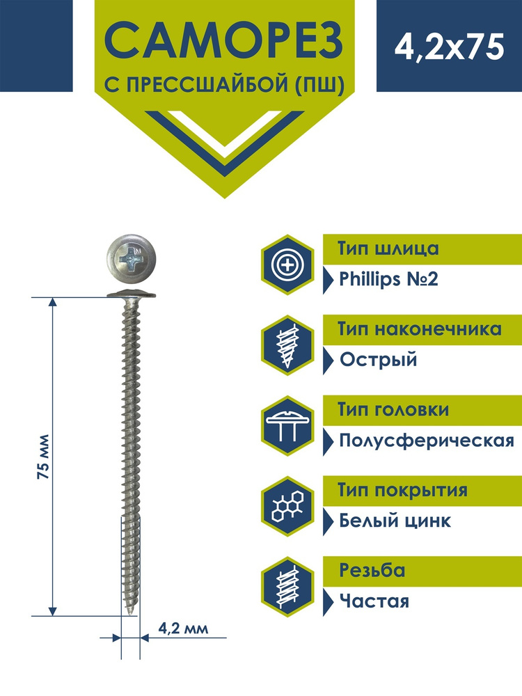 Саморез Daxmer 4,2х75 с прессшайбой острый белый цинк (1кг - 180 шт)  #1