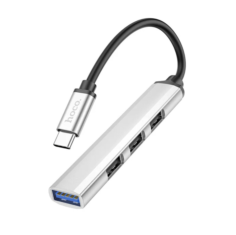 Хаб Type-C to 4xUSB hoco HB26 / 4в1 / USB3.0 + 3хUSB2.0 / хаб для MacBook / Plug&Play / светло-серый #1