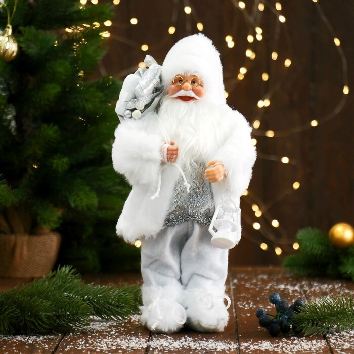 Дед Мороз "В белой шубке, с фонариком и подарками" 30 см #1