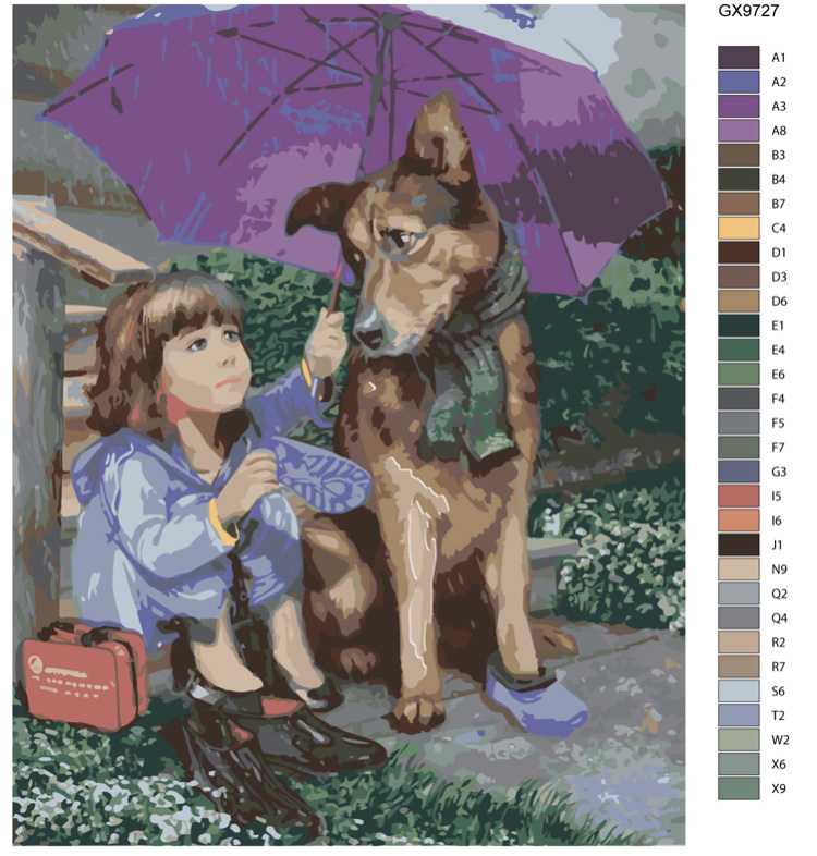 Картина по номерам "Девочка с собакой под зонтом" GX9727 40х50  #1