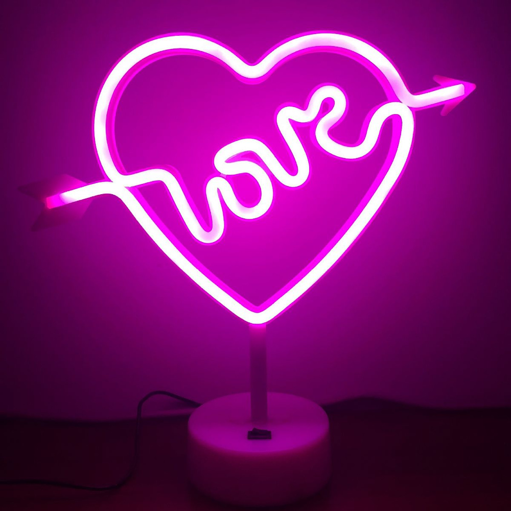 Настольный ночник светильник неоновый, Сердце LOVE розовый свет, LED, USB + 3AA (не в комплекте), Любовь #1
