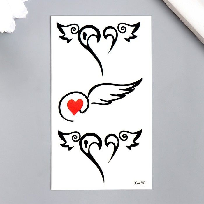 Татуировка на тело чёрная "Сердца с крыльями" 10,5х6 см #1