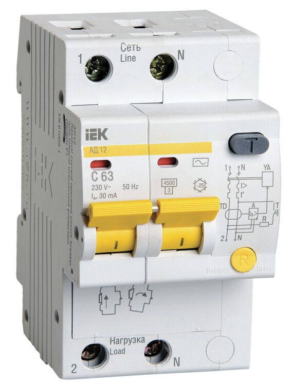 Дифференциальный автоматический выключатель (АВДТ) IEK 2-полюсный (2P) 63А хар. C 30мА тип AC 4.5кА АД12 #1