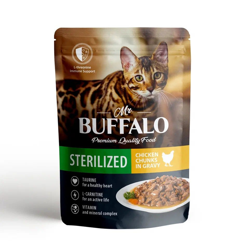 Mr.Buffalo Sterilised влажный корм для взрослых стерилизованных кошек с цыпленком в соусе, в паучах - #1