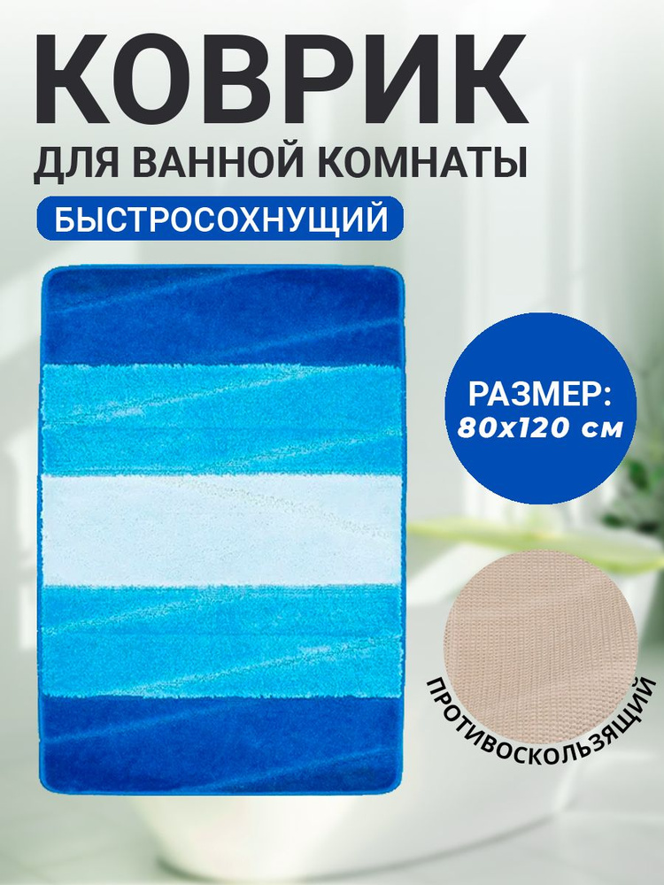 Коврик для ванной комнаты Home Decor Multicolor 80х120см ворс 12мм противоскользящий голубой  #1