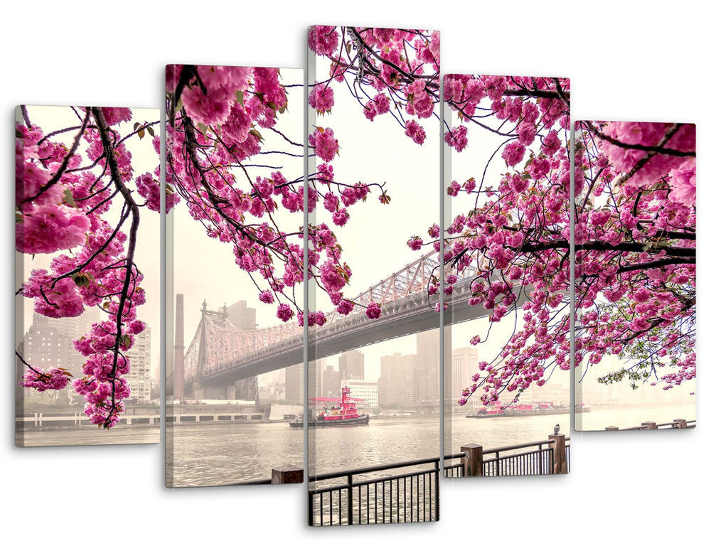 Модульная картина для интерьера на стену / Пейзаж / "Цветущая сакура в Нью-Йорке" 80x140 см MK50317  #1